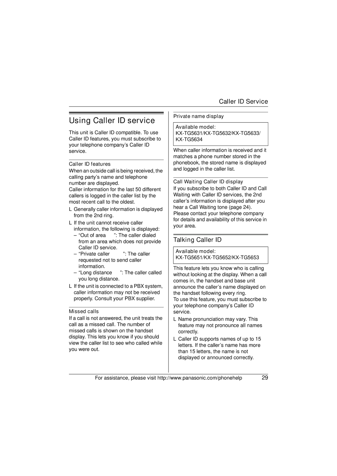 Panasonic X-TG5634 operating instructions Using Caller ID service, Talking Caller ID 