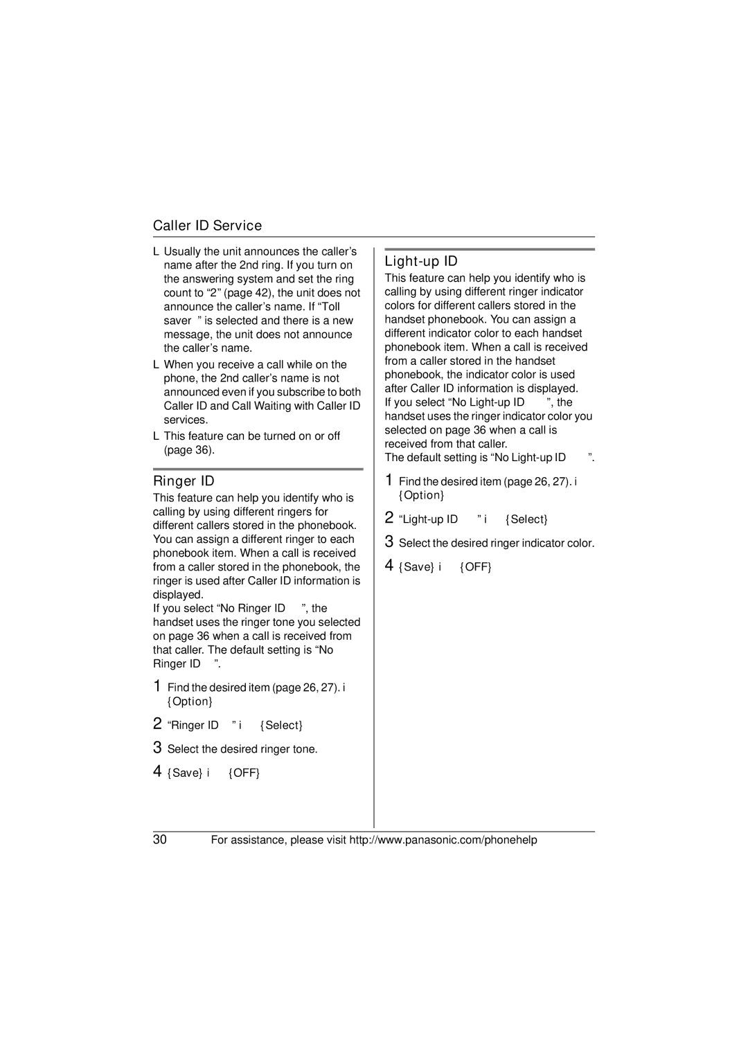 Panasonic X-TG5634 operating instructions Ringer ID, Light-up ID, Option 