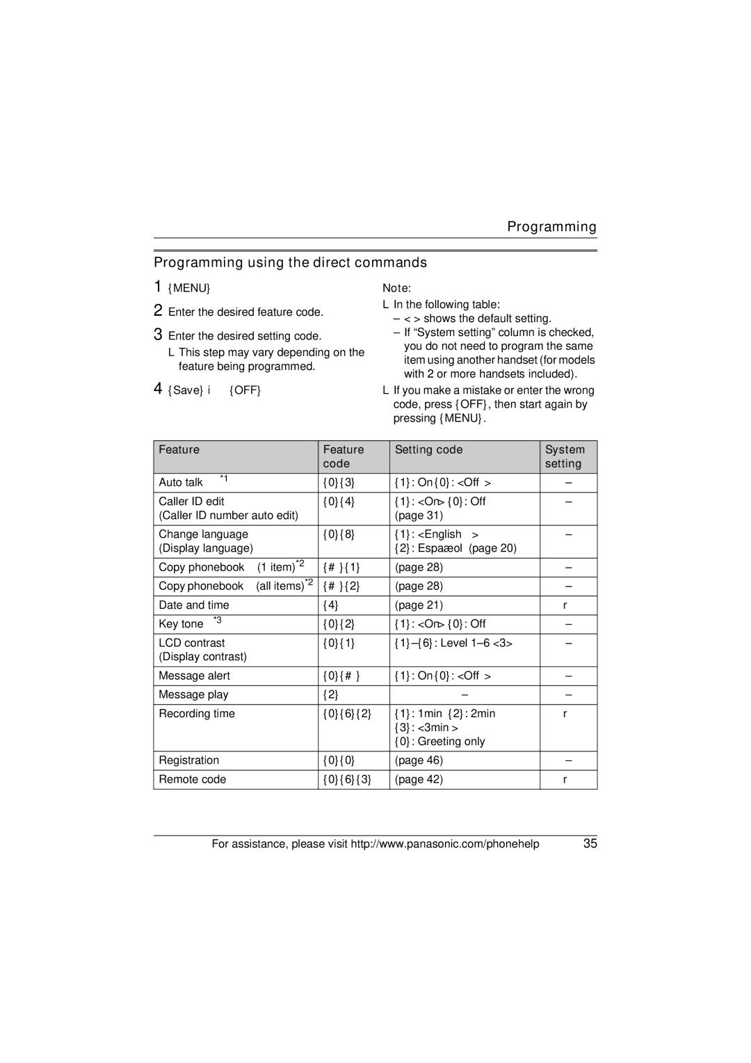 Panasonic X-TG5634 operating instructions Programming using the direct commands, Menu, Feature Setting code System Code 