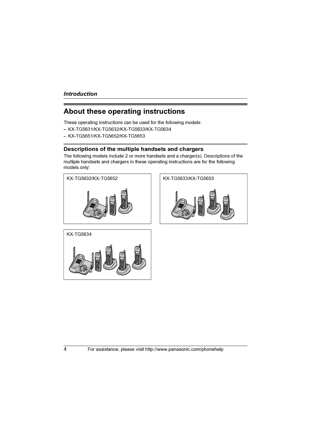 Panasonic X-TG5634 About these operating instructions, Descriptions of the multiple handsets and chargers 