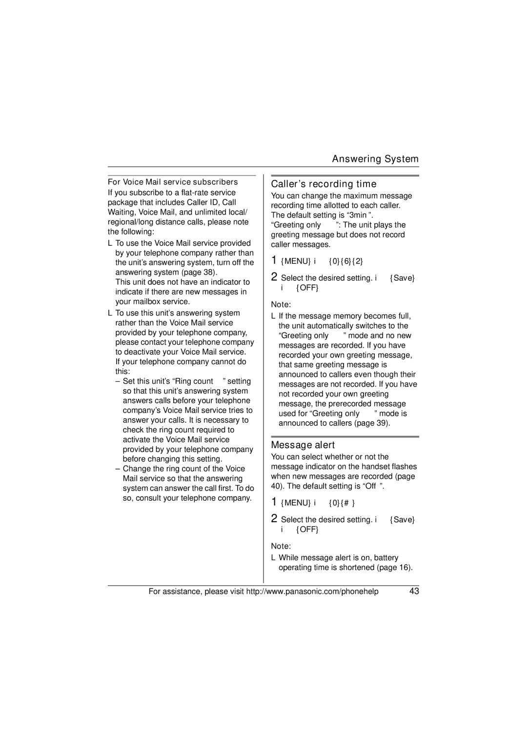 Panasonic X-TG5634 operating instructions Caller’s recording time, Message alert, For Voice Mail service subscribers 