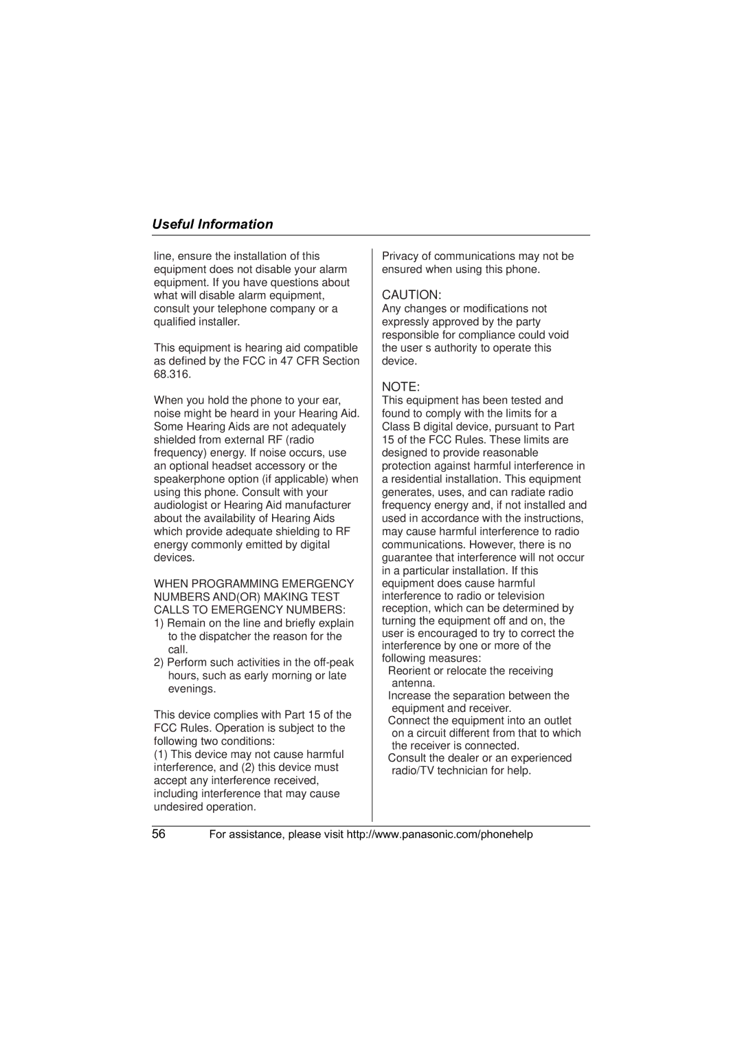 Panasonic X-TG5634 operating instructions Useful Information 