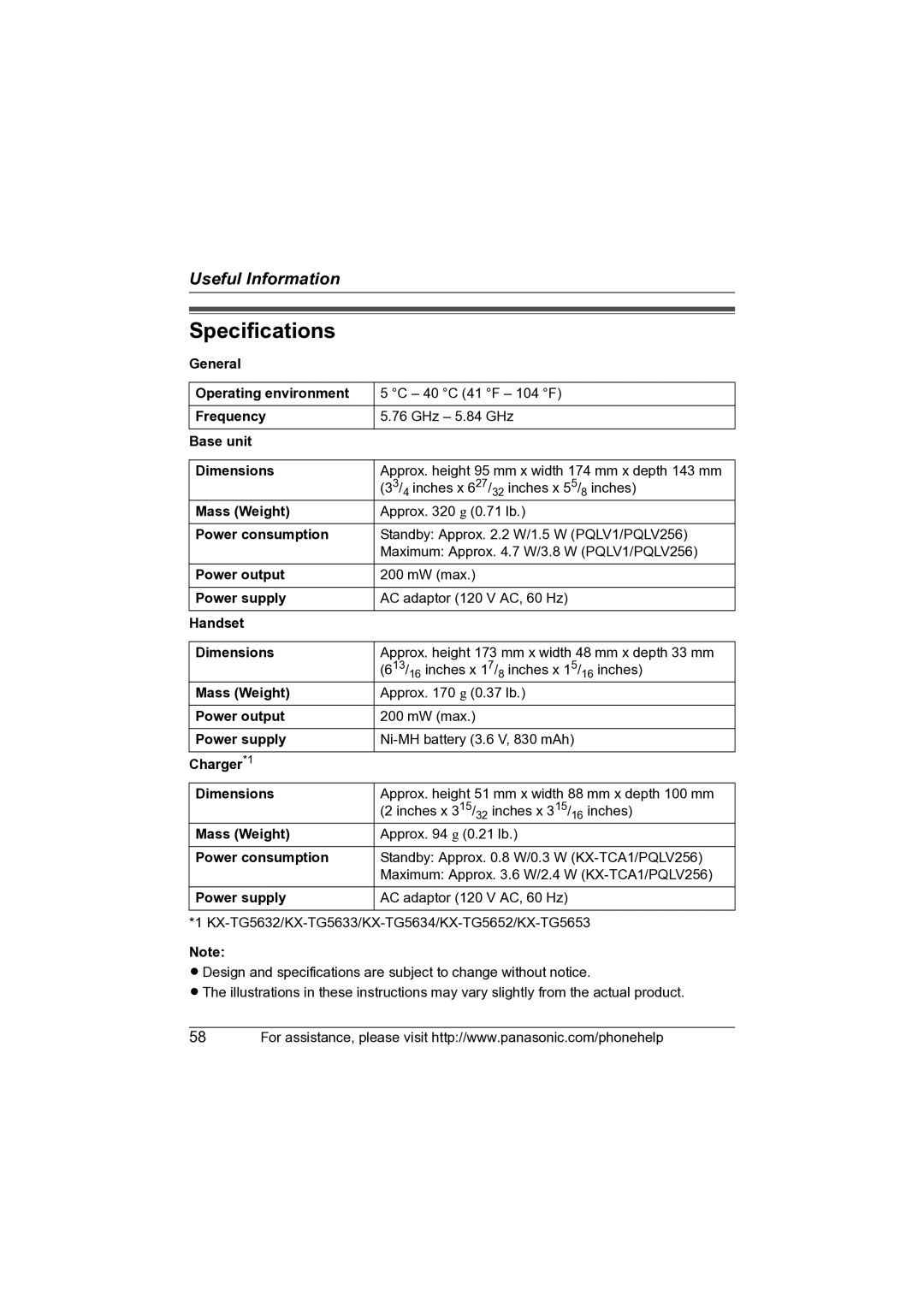 Panasonic X-TG5634 operating instructions Specifications 