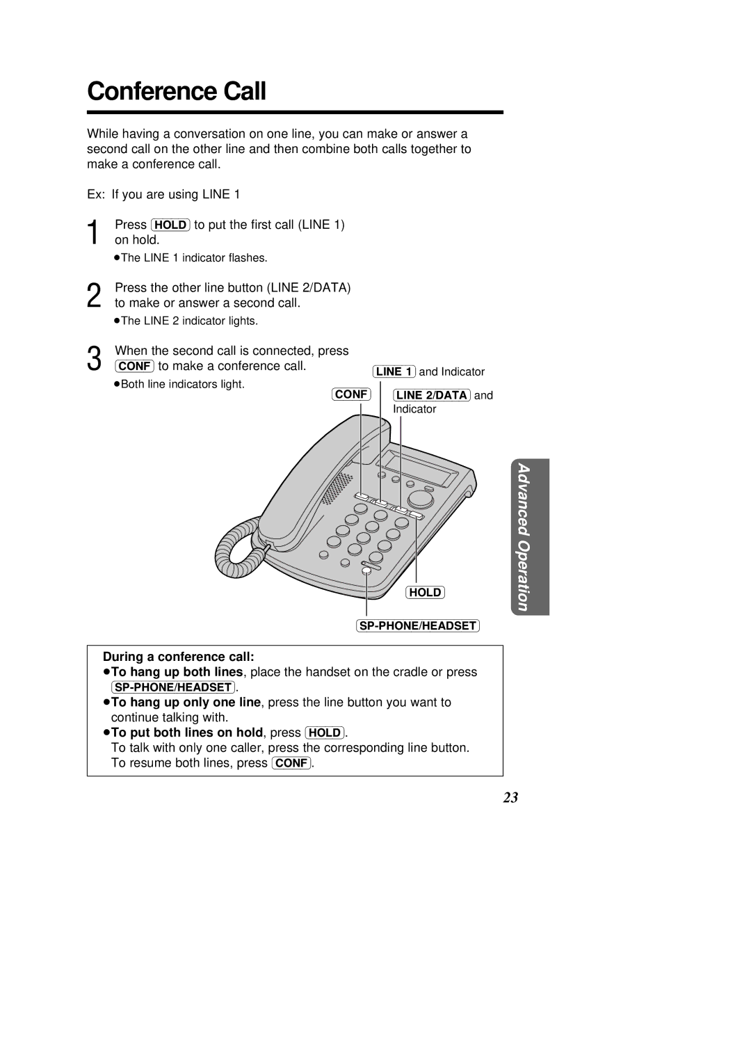 Panasonic KX-TSC14W, X-TSC14B Conference Call, During a conference call, ³To put both lines on hold, press Hold 