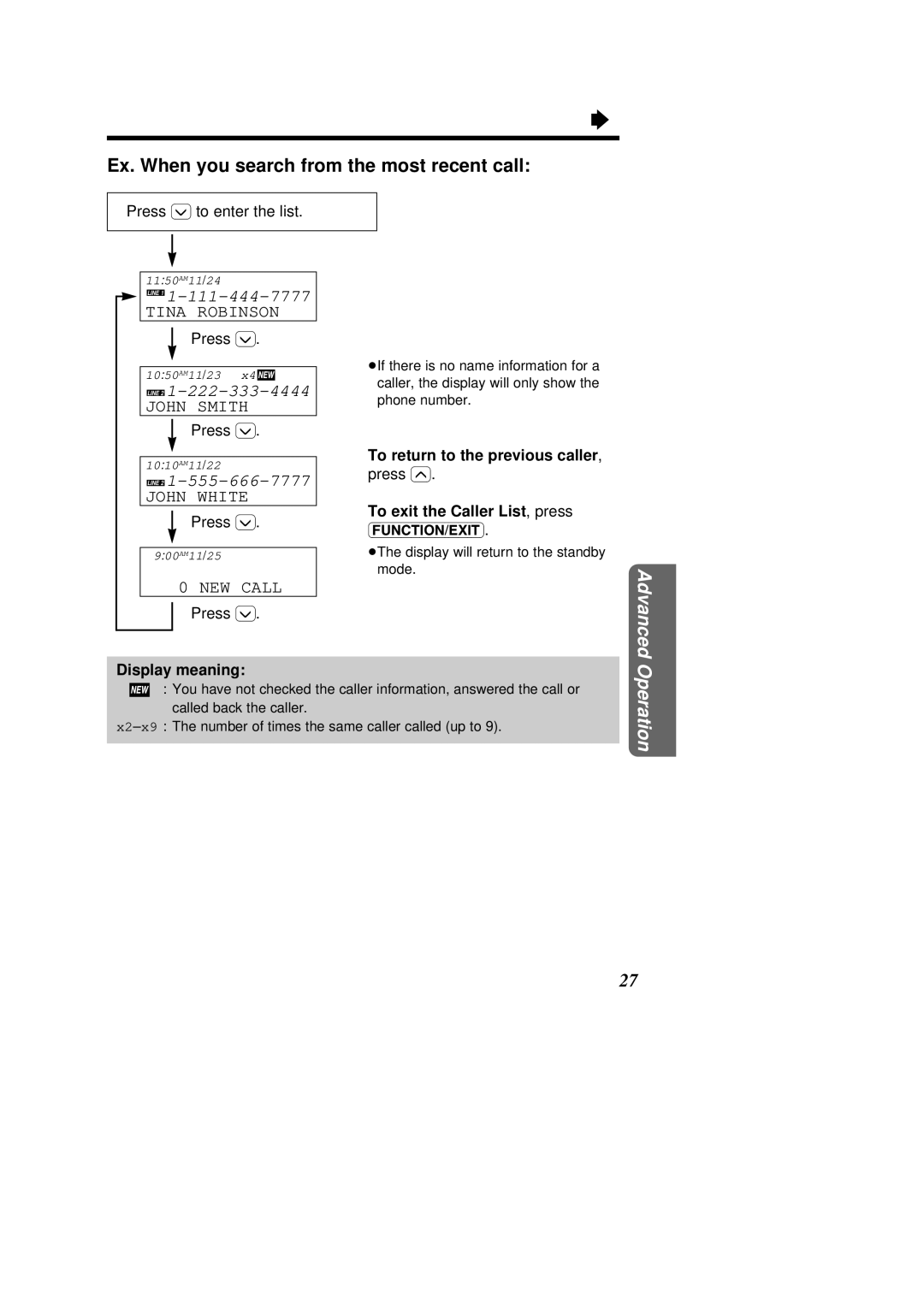 Panasonic KX-TSC14W, X-TSC14B operating instructions Ex. When you search from the most recent call, John White, NEW Call 