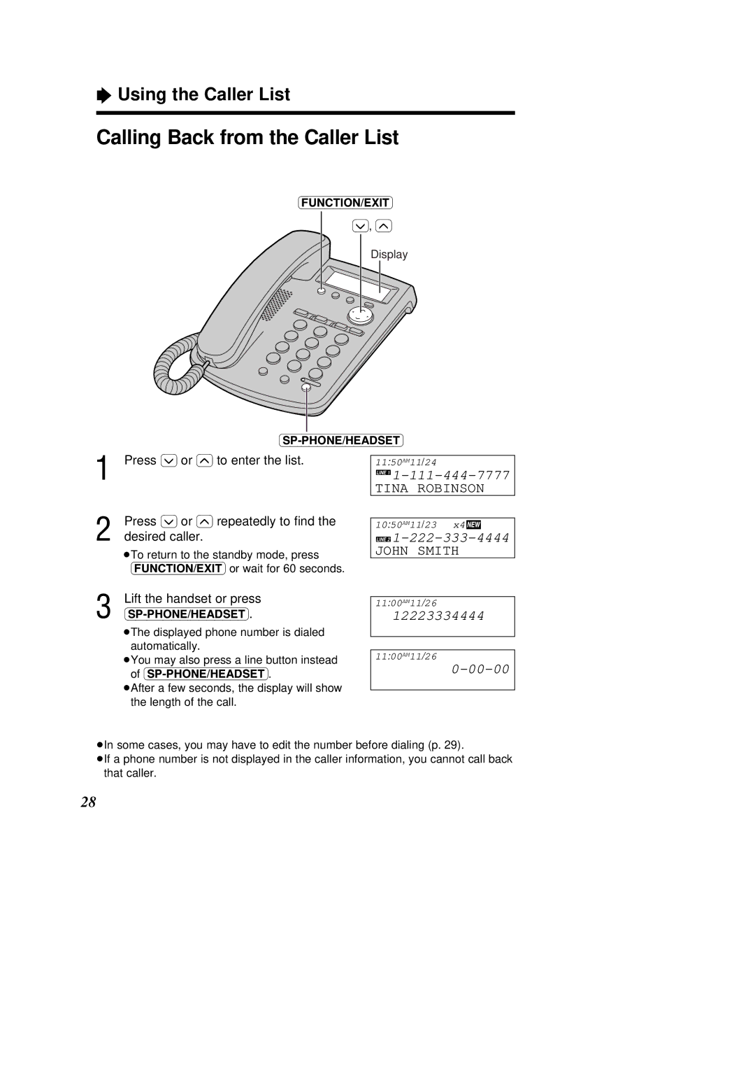 Panasonic X-TSC14B, KX-TSC14W operating instructions Calling Back from the Caller List, Lift the handset or press 