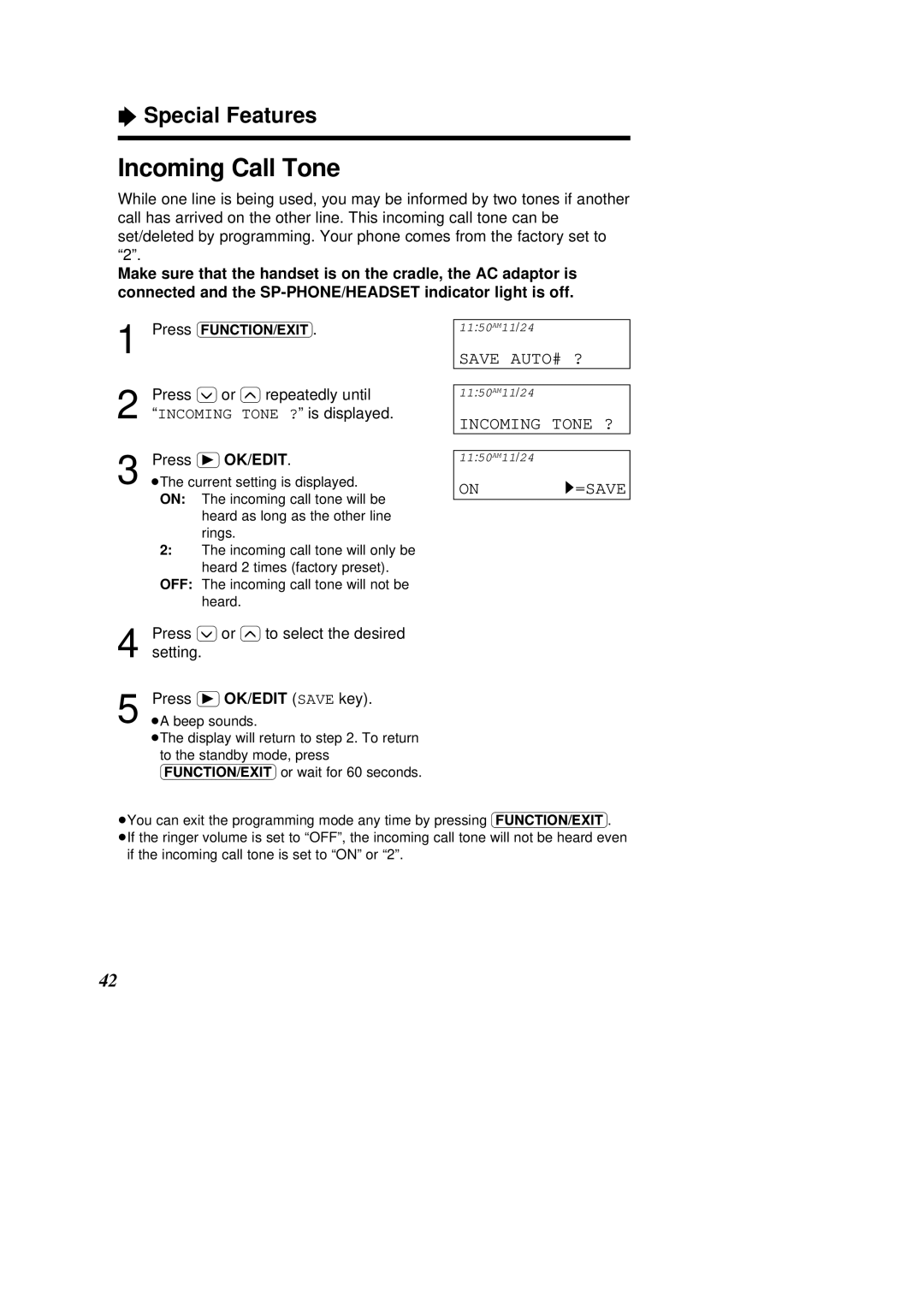 Panasonic X-TSC14B, KX-TSC14W operating instructions Incoming Call Tone, Incoming Tone ? is displayed 