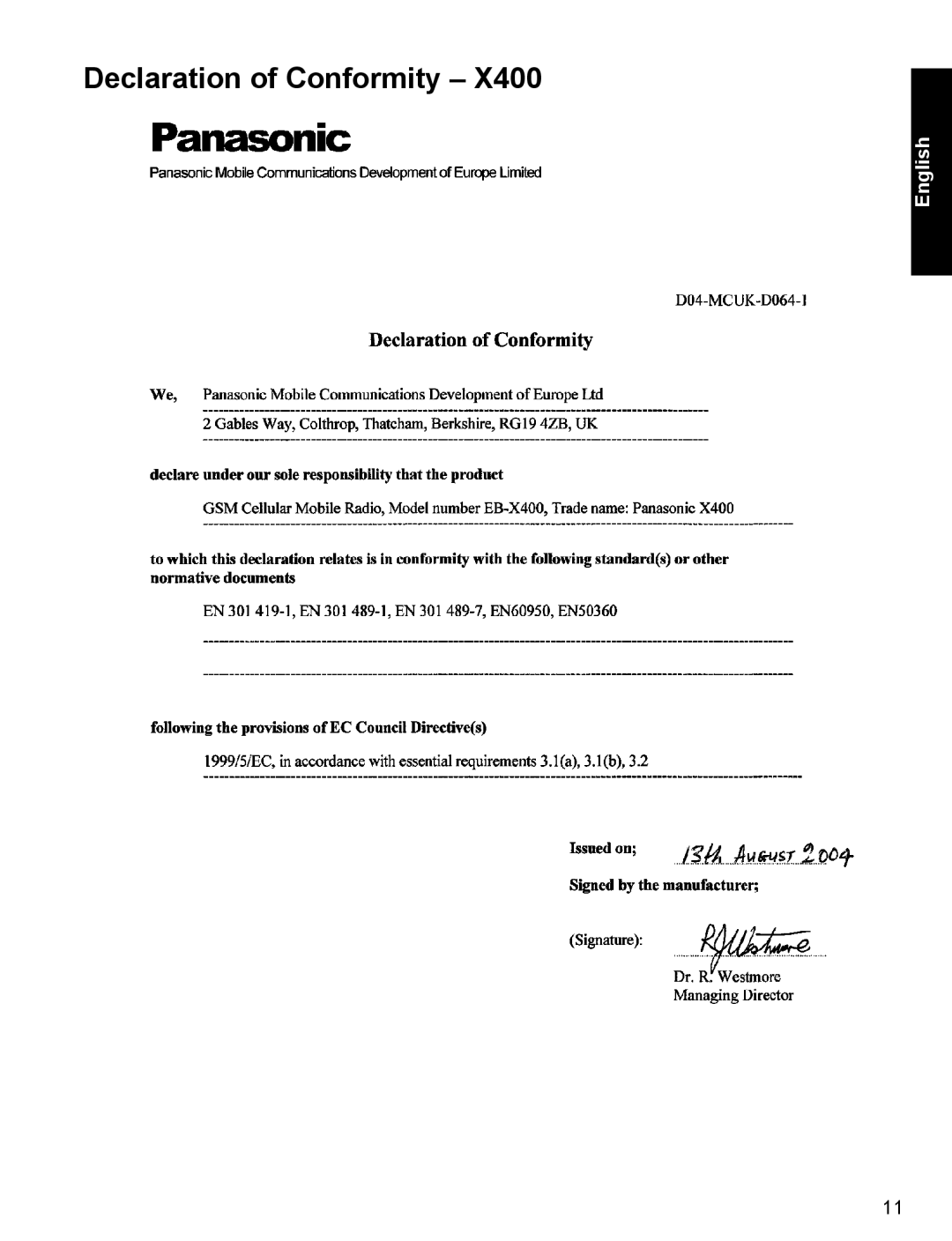 Panasonic X400 operating instructions Declaration of Conformity 