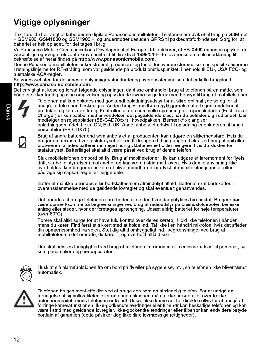 Panasonic X400 operating instructions Vigtige oplysninger, Dansk 