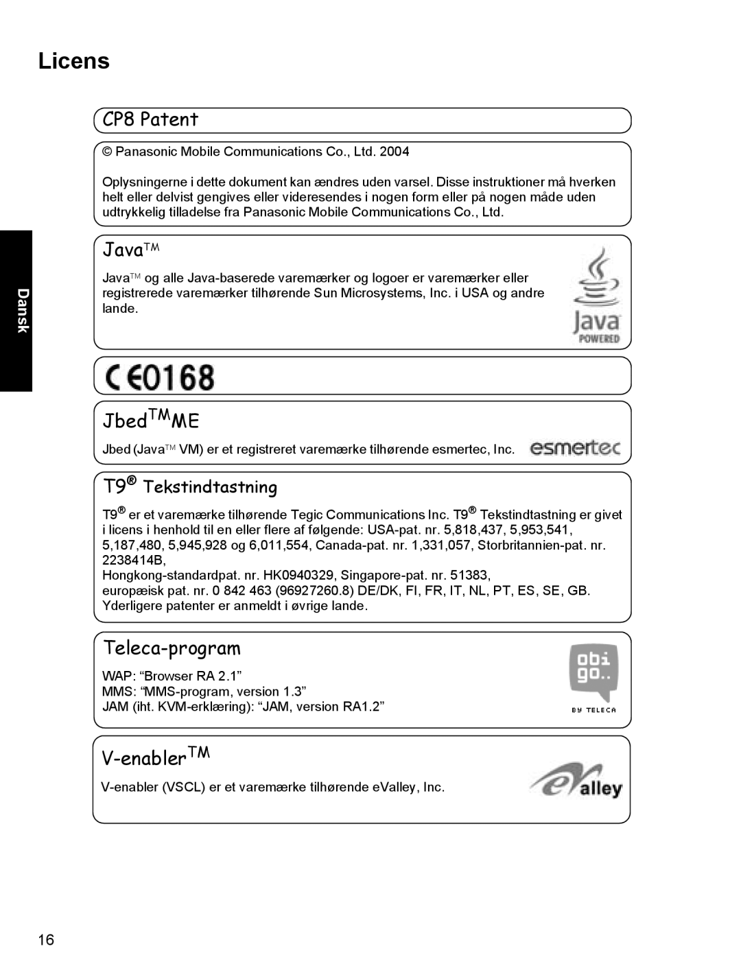 Panasonic X400 operating instructions Licens, T9 Tekstindtastning 