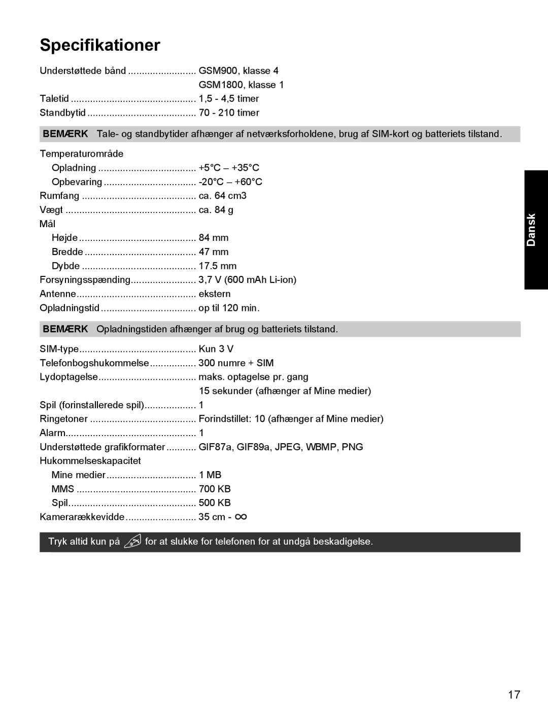 Panasonic X400 operating instructions Specifikationer 