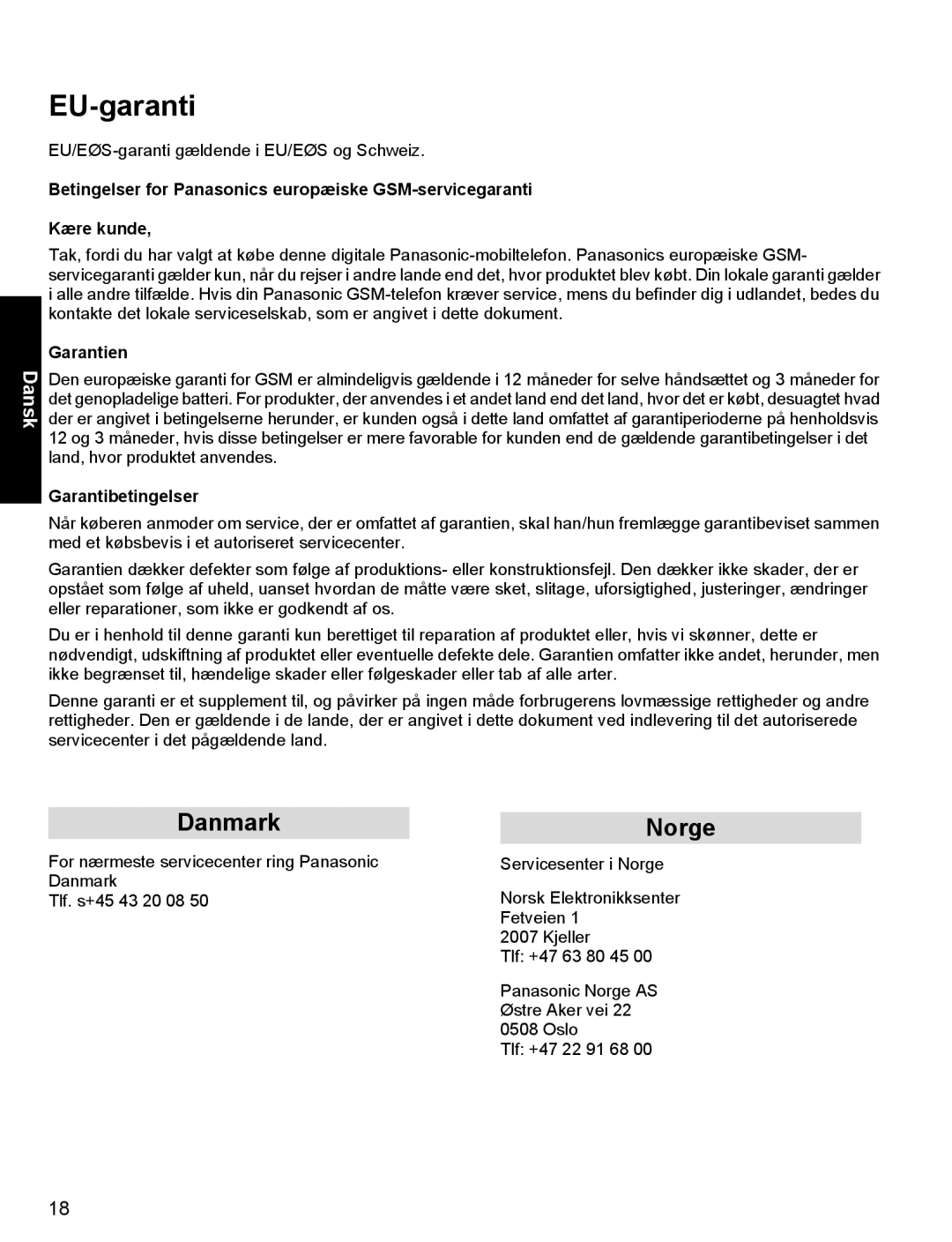 Panasonic X400 operating instructions EU-garanti, Garantien 