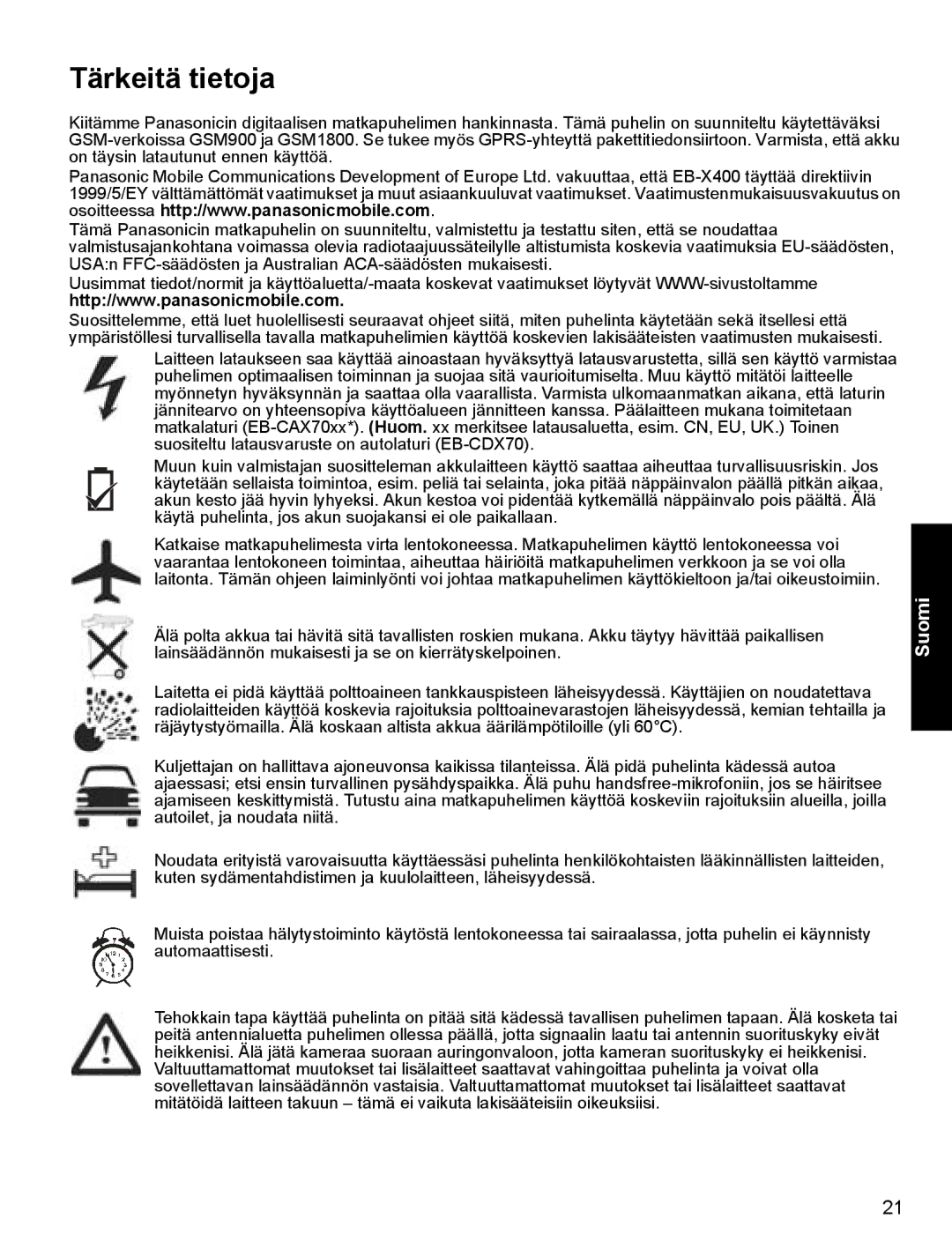 Panasonic X400 operating instructions Tärkeitä tietoja 