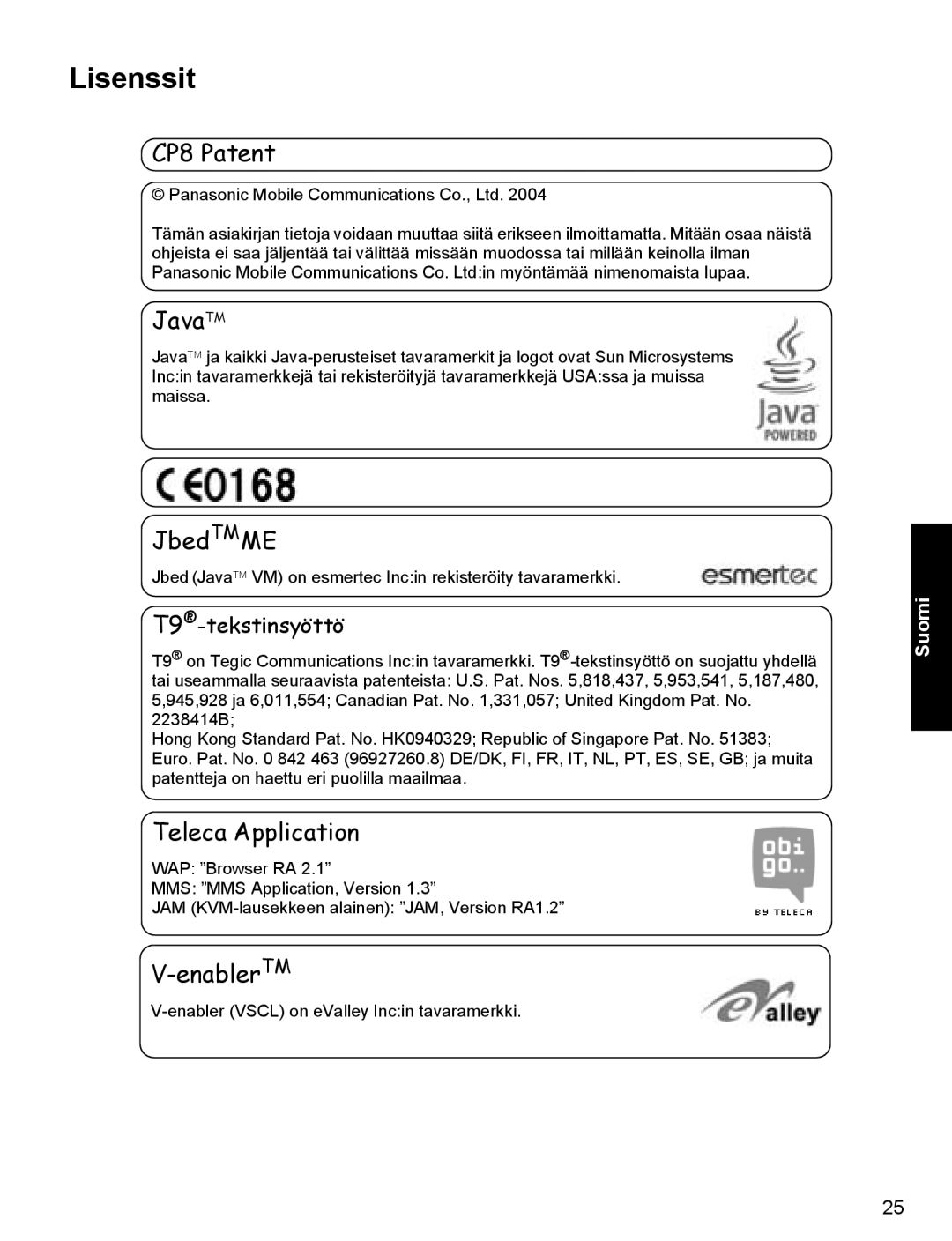 Panasonic X400 operating instructions Lisenssit, T9 -tekstinsyöttö 