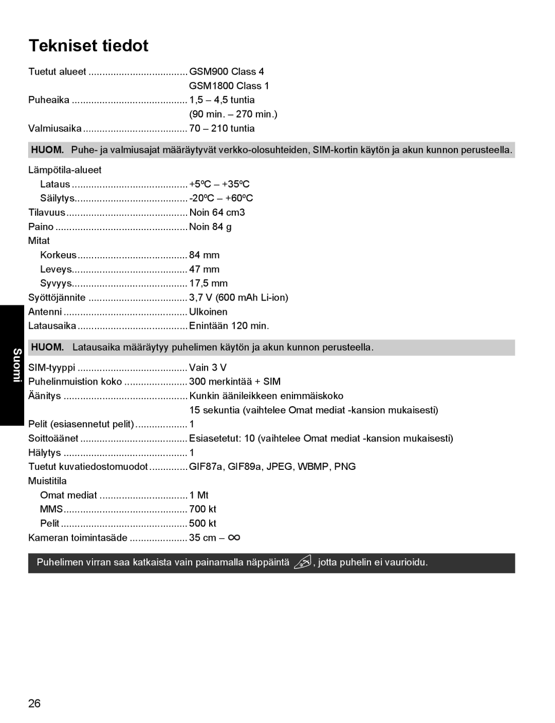 Panasonic X400 operating instructions Tekniset tiedot 