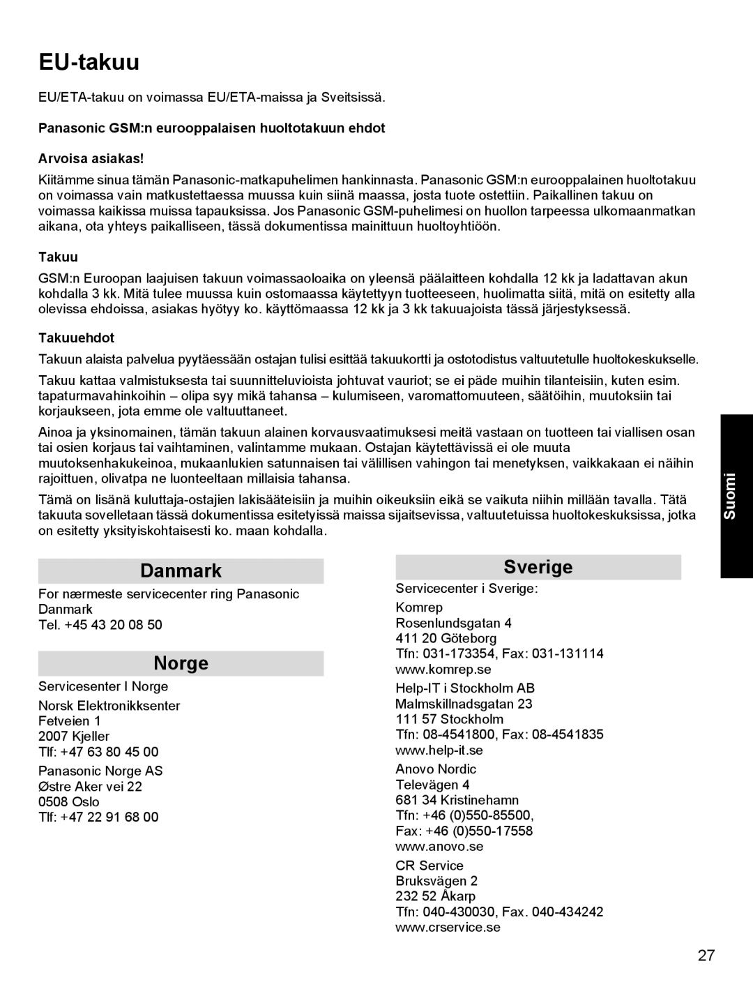 Panasonic X400 operating instructions EU-takuu, Takuu 