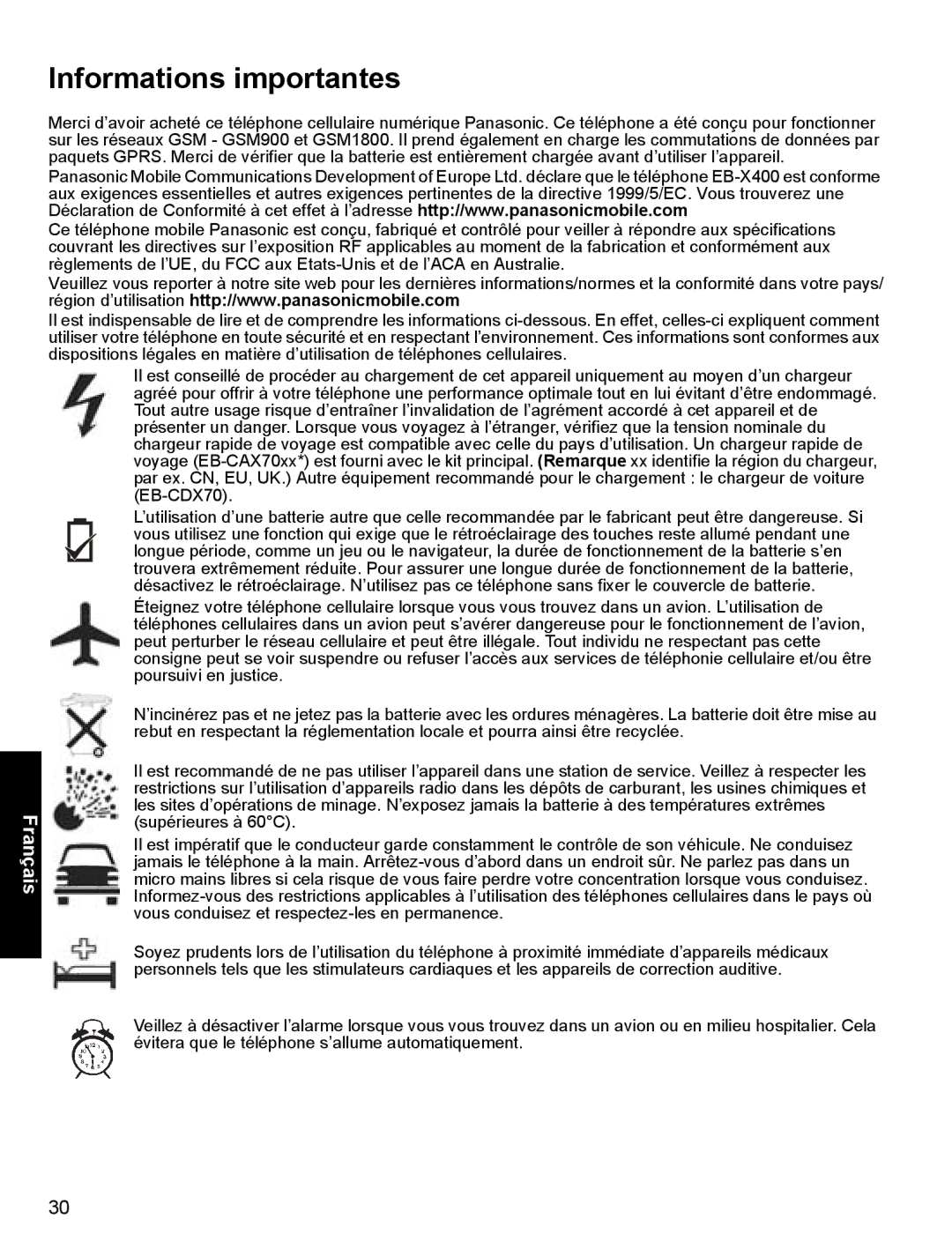 Panasonic X400 operating instructions Informations importantes, Français 