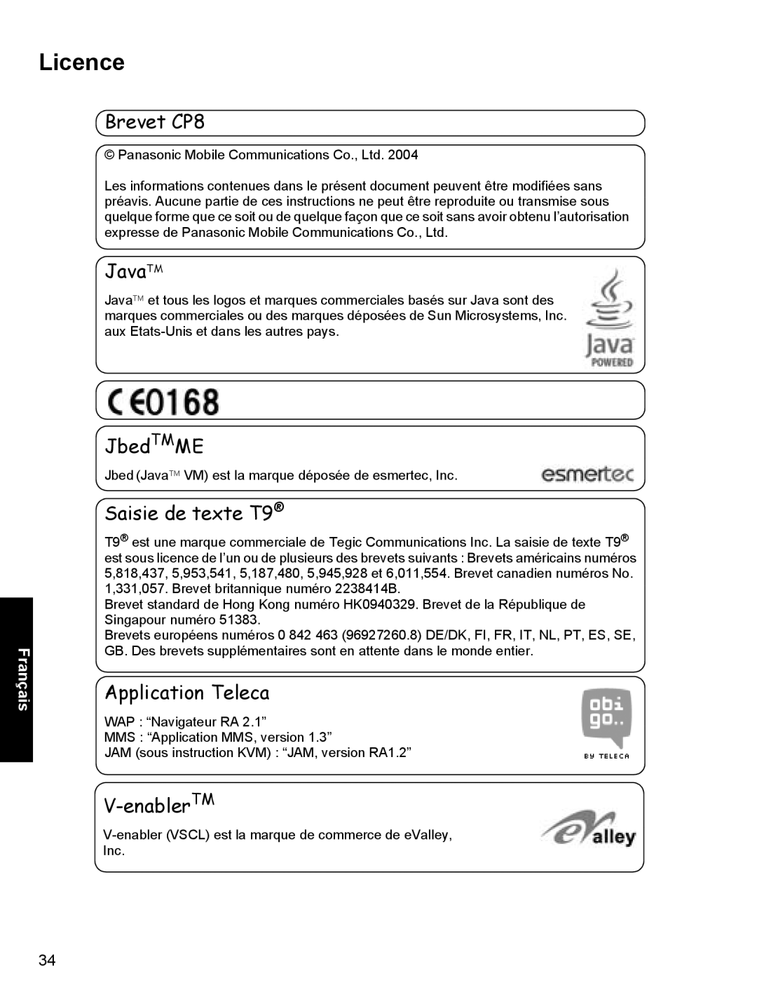 Panasonic X400 operating instructions Licence, Brevet CP8 JavaTM 