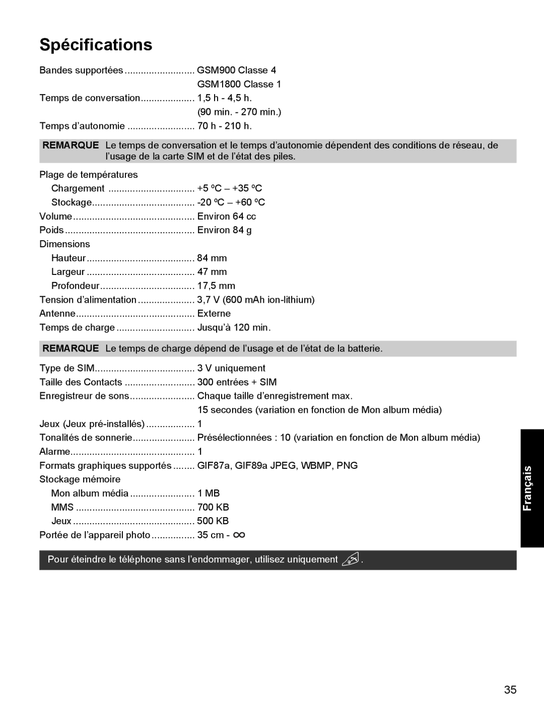 Panasonic X400 operating instructions Spécifications 