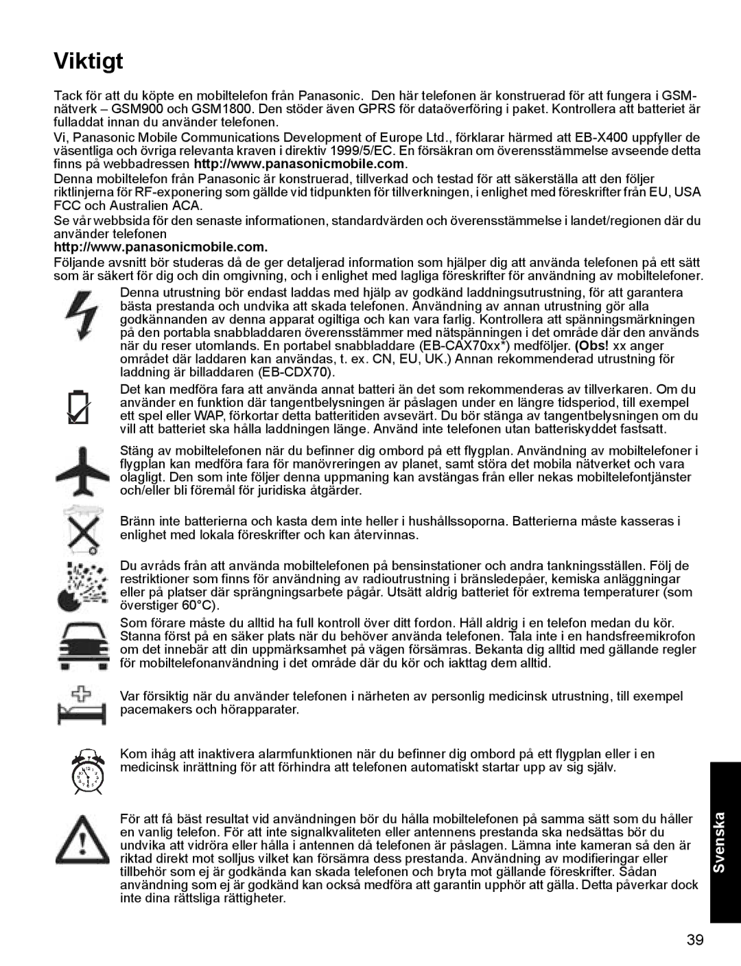 Panasonic X400 operating instructions Viktigt 