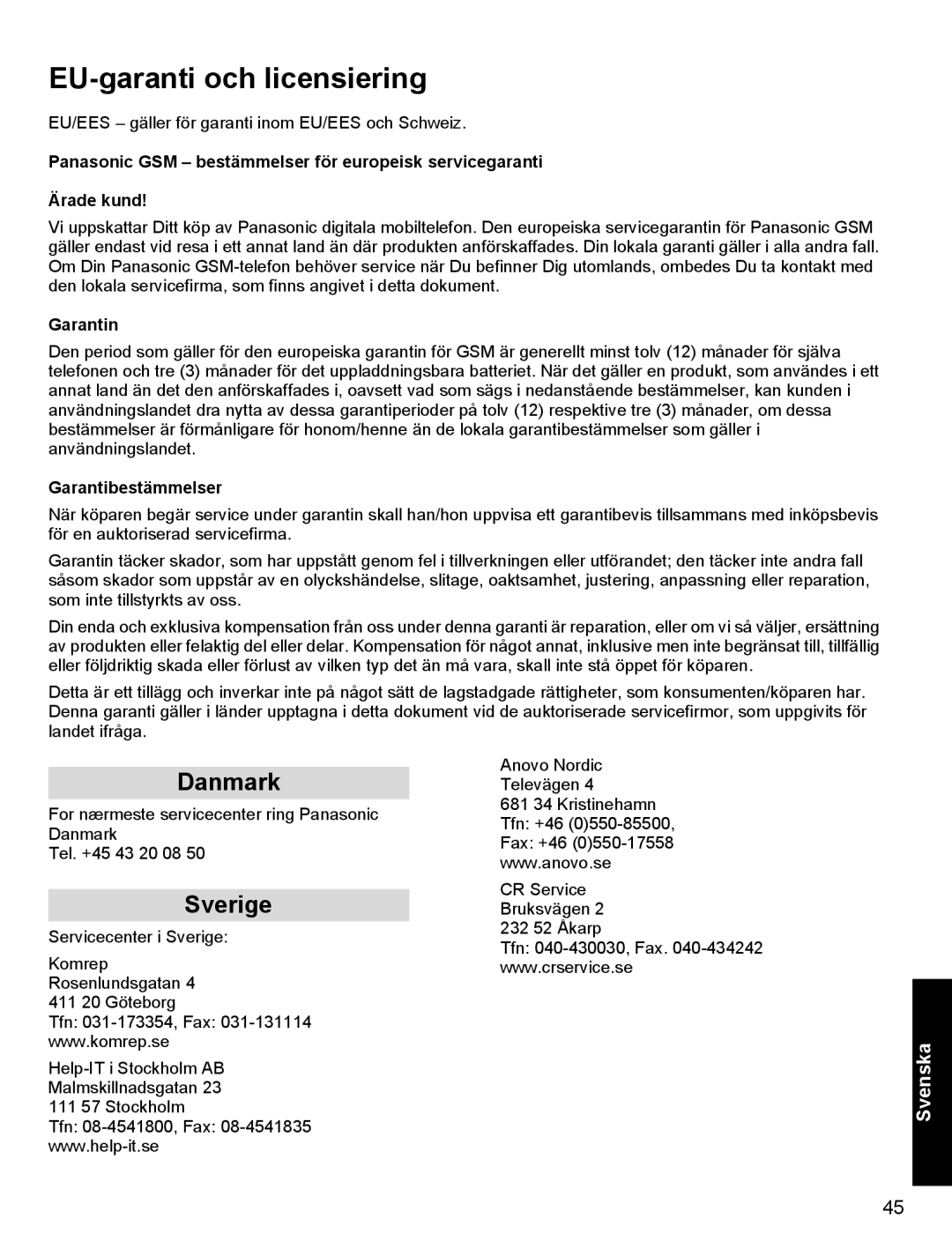 Panasonic X400 operating instructions EU-garanti och licensiering, Garantin 