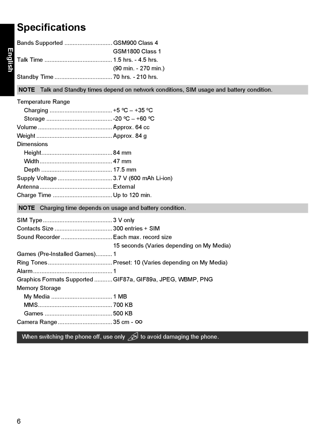 Panasonic X400 operating instructions Specifications 