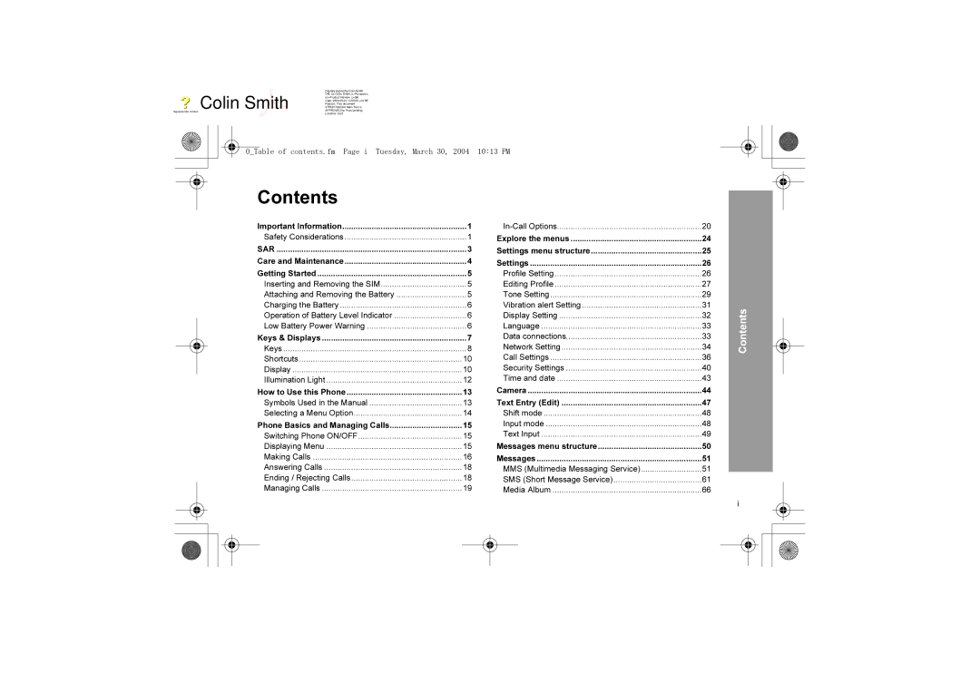 Panasonic X60 manual Contents 