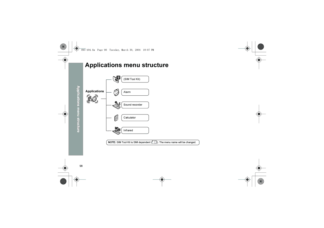 Panasonic X60 manual Applications menu structure, Fm Page 98 Tuesday, March 30, 2004 1007 PM, SIM Tool Kit, Alarm 