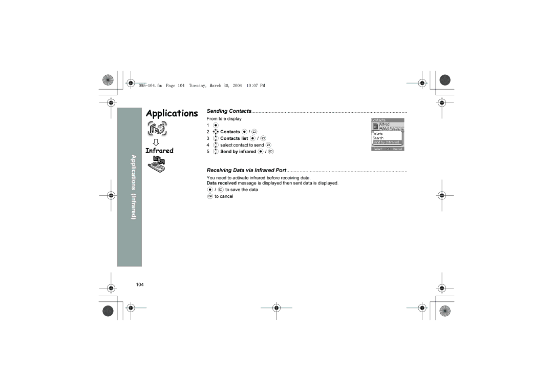 Panasonic X60 manual Sending Contacts, Receiving Data via Infrared Port, Fm Page 104 Tuesday, March 30, 2004 1007 PM 