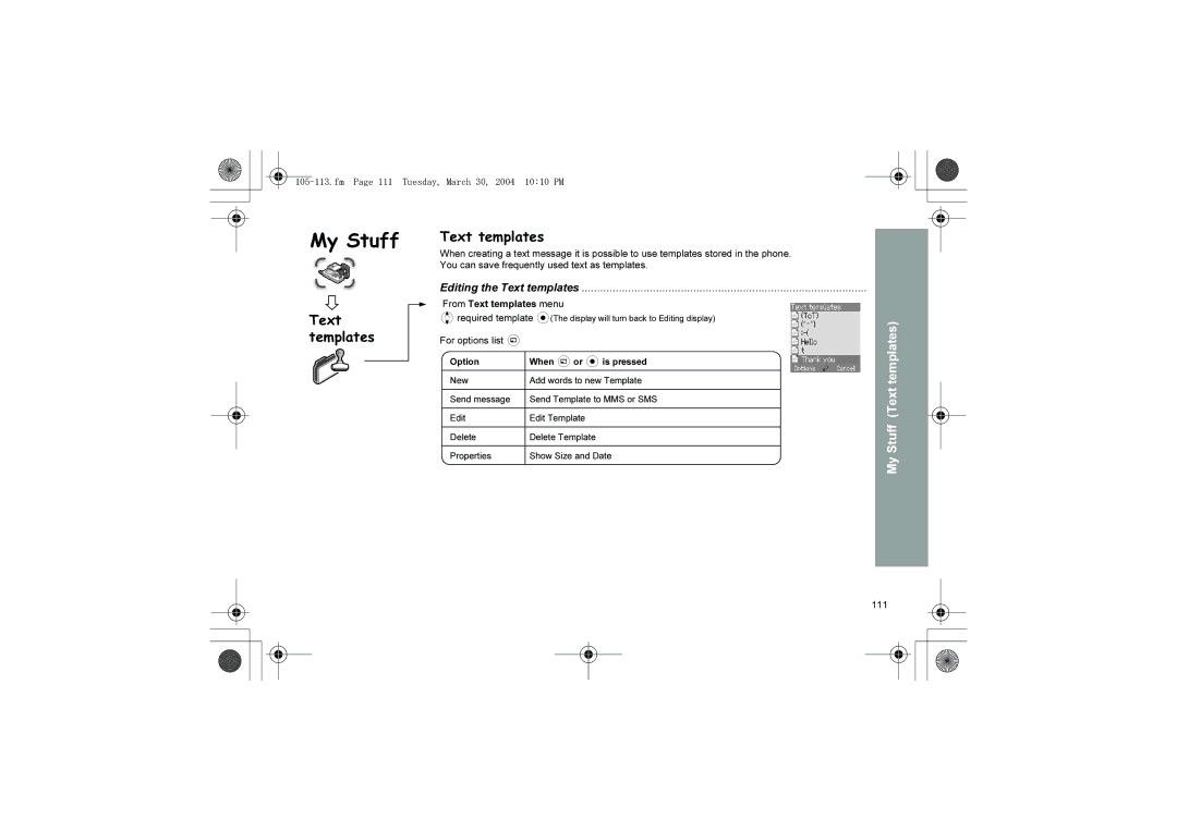 Panasonic X60 manual Editing the Text templates, Fm Page 111 Tuesday, March 30, 2004 1010 PM, From Text templates menu 