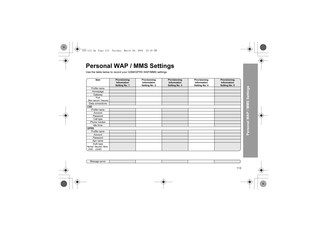 Panasonic X60 manual Personal WAP / MMS Settings, Fm Page 113 Tuesday, March 30, 2004 1010 PM 