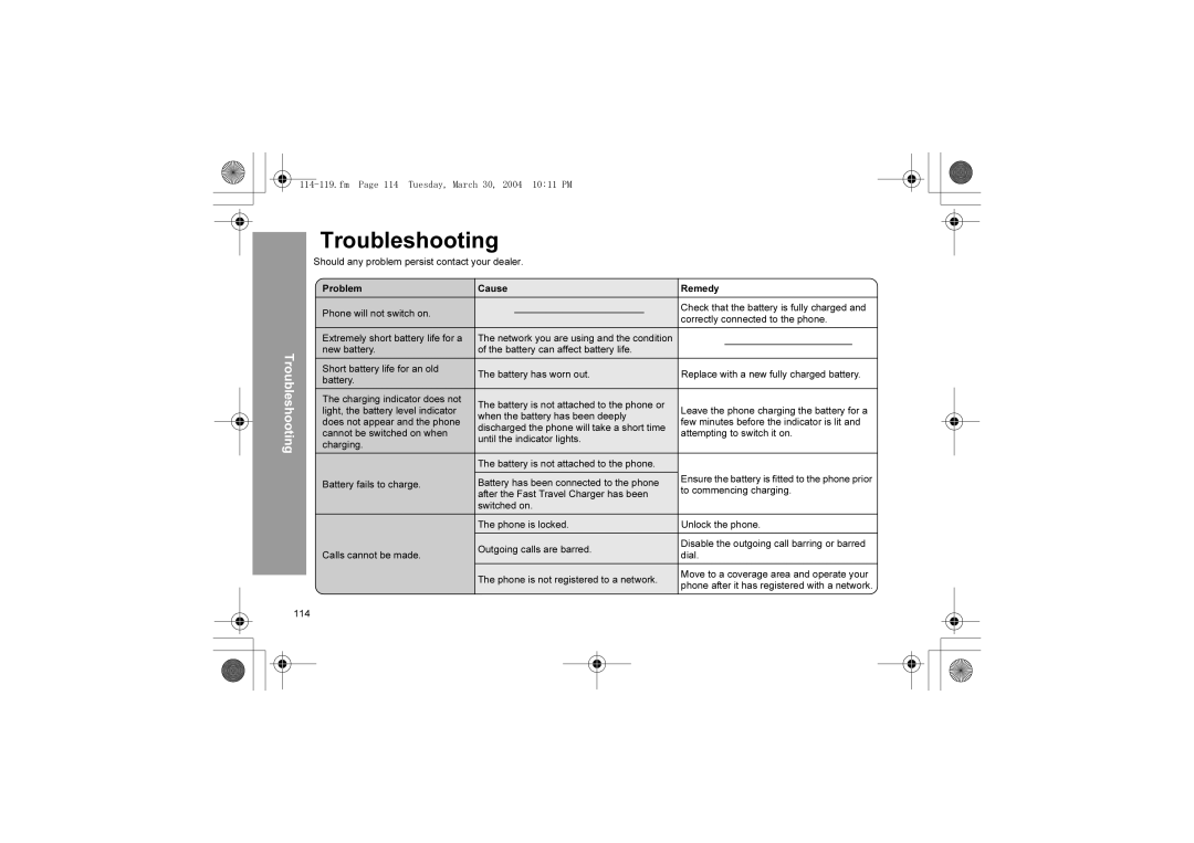 Panasonic X60 manual Troubleshooting, Fm Page 114 Tuesday, March 30, 2004 1011 PM, To commencing charging 