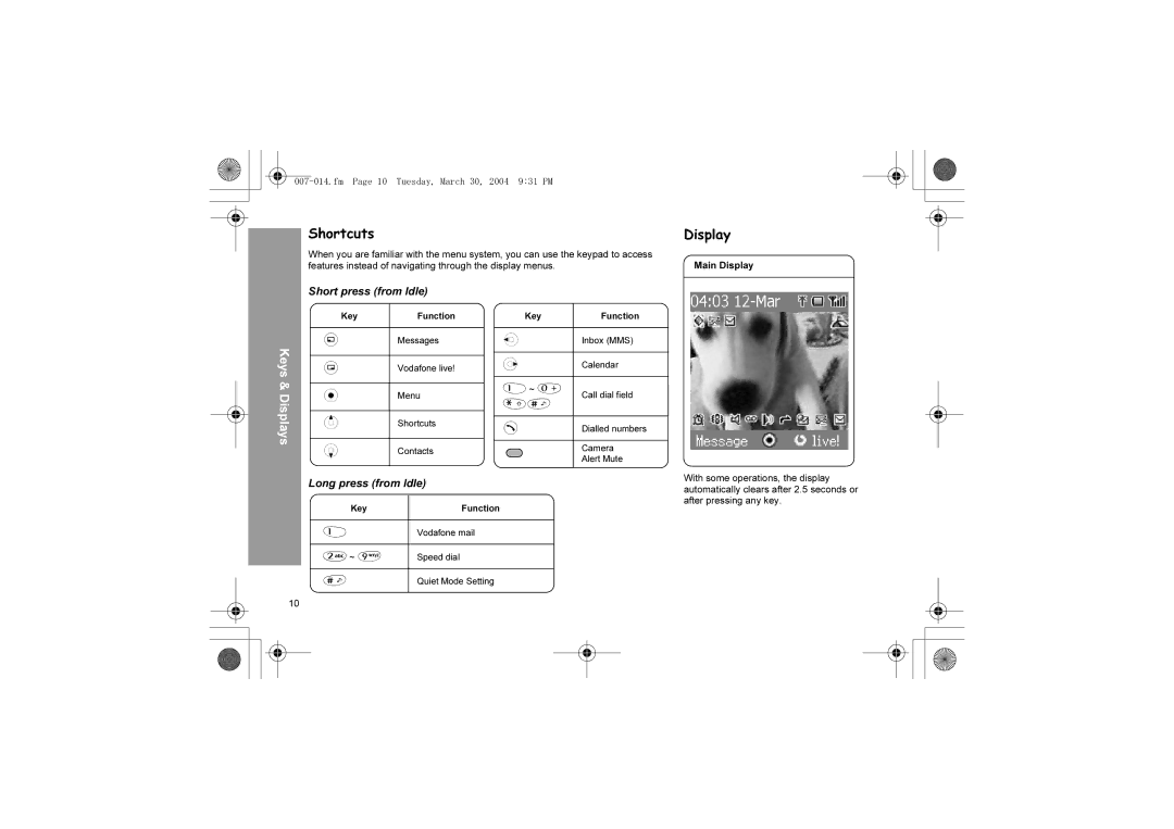 Panasonic X60 manual Shortcuts, Display, Short press from Idle, Long press from Idle 