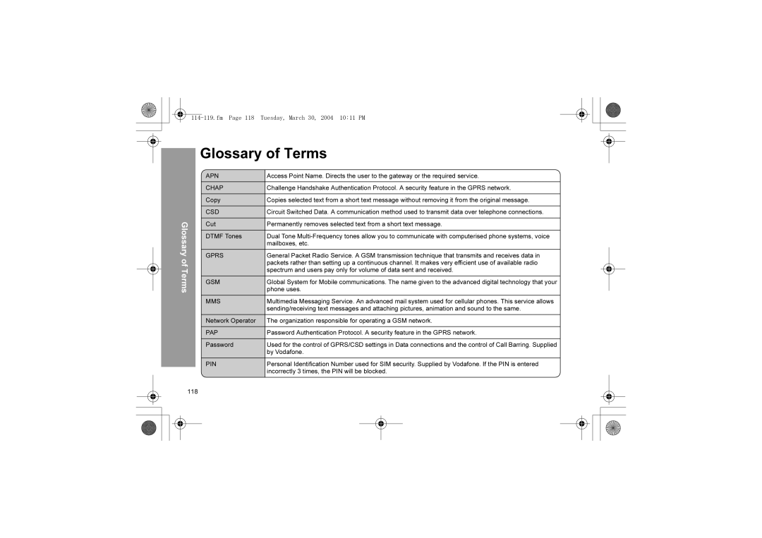 Panasonic X60 manual Glossary of Terms, Fm Page 118 Tuesday, March 30, 2004 1011 PM, Phone uses, By Vodafone 