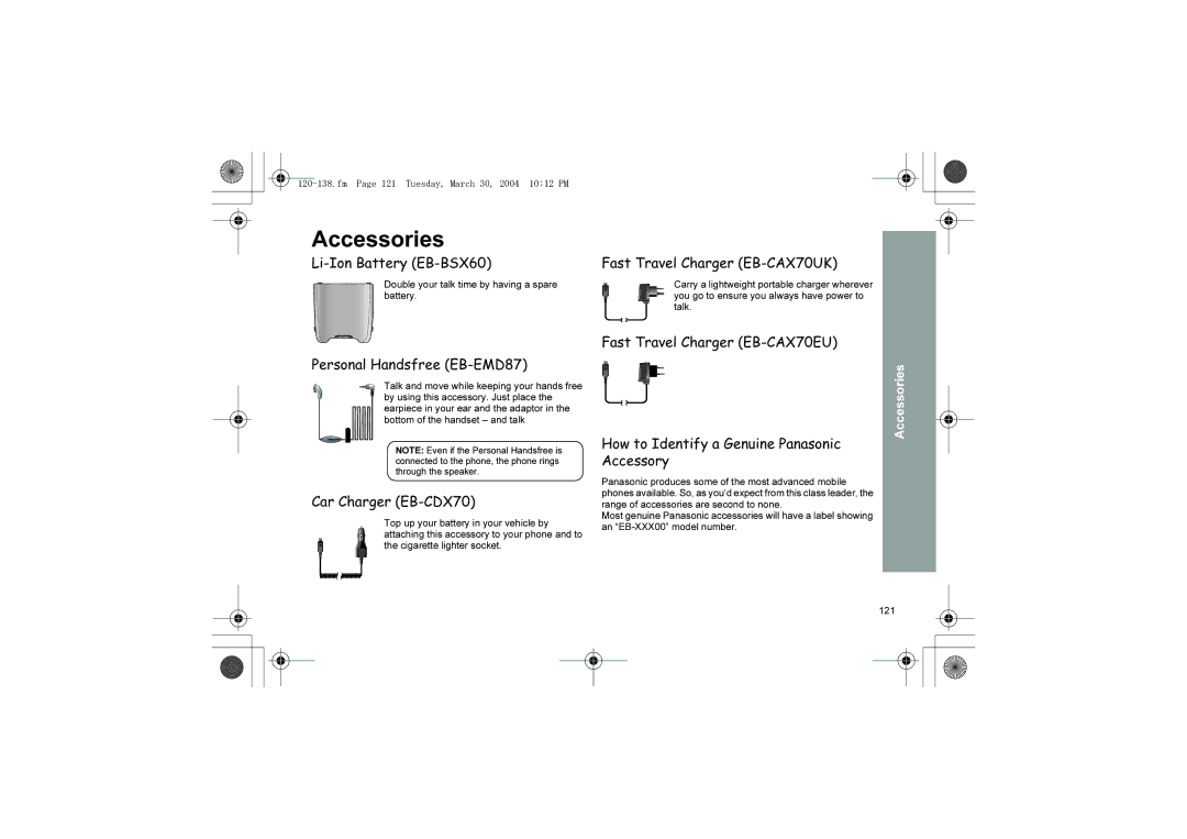 Panasonic manual Accessories, Li-Ion Battery EB-BSX60, Personal Handsfree EB-EMD87, Car Charger EB-CDX70 