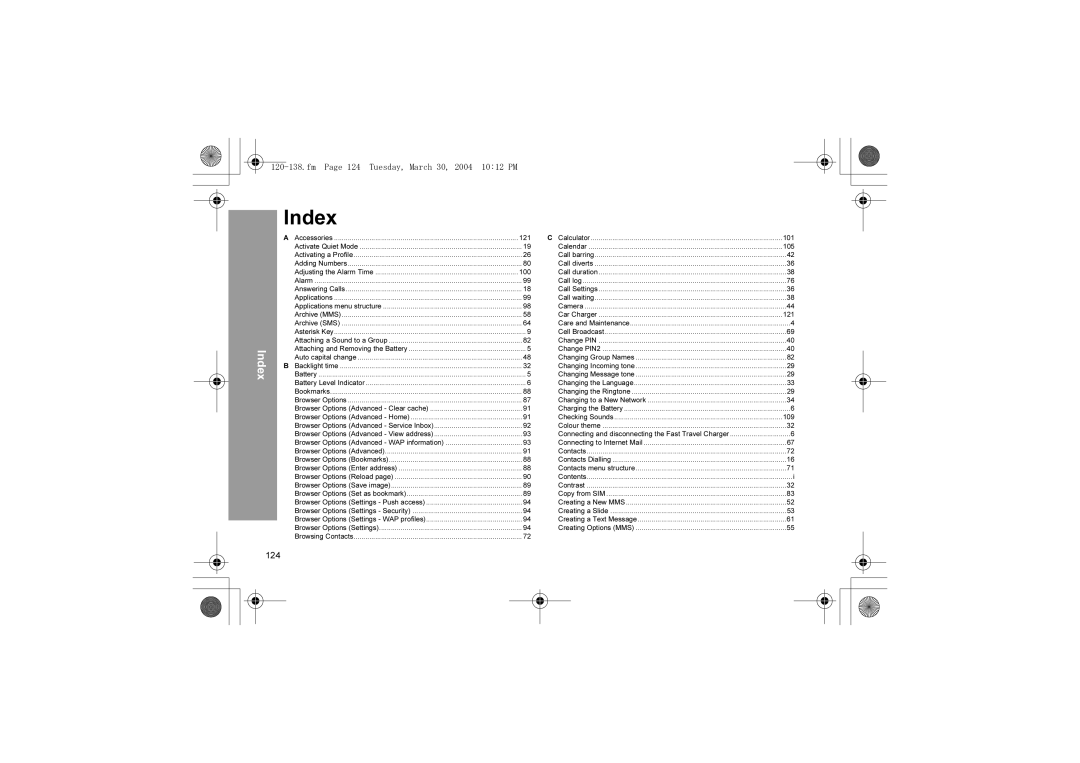 Panasonic X60 manual Index, Fm Page 124 Tuesday, March 30, 2004 1012 PM 