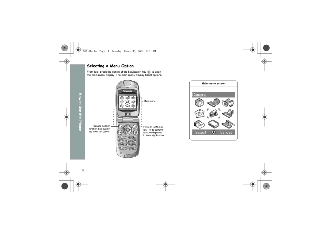 Panasonic X60 manual Selecting a Menu Option, Fm Page 14 Tuesday, March 30, 2004 931 PM 