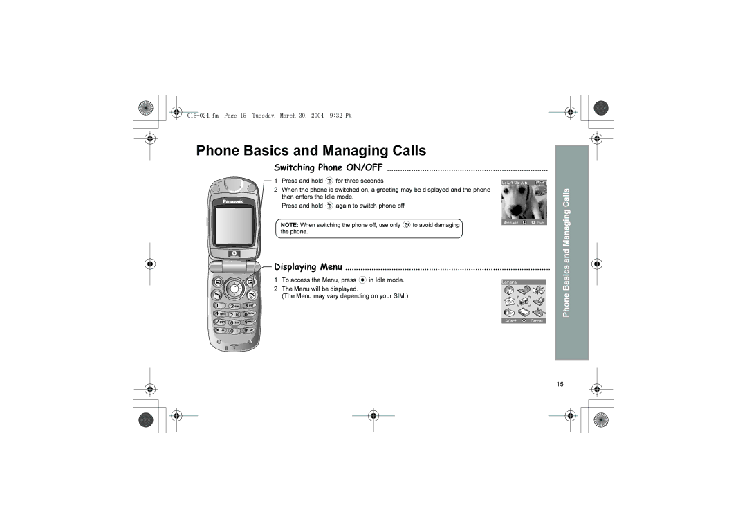 Panasonic X60 manual Phone Basics and Managing Calls, Displaying Menu, Fm Page 15 Tuesday, March 30, 2004 932 PM 