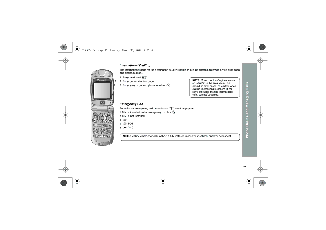 Panasonic X60 manual International Dialling, Emergency Call, Fm Page 17 Tuesday, March 30, 2004 932 PM 