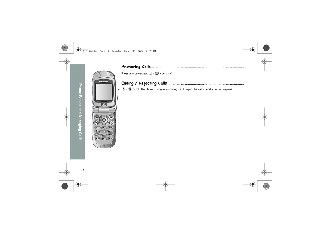 Panasonic X60 manual Answering Calls, Ending / Rejecting Calls, Fm Page 18 Tuesday, March 30, 2004 932 PM 