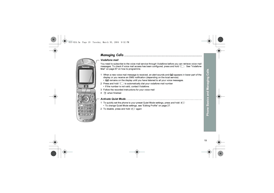 Panasonic X60 manual Vodafone mail, Activate Quiet Mode, Fm Page 19 Tuesday, March 30, 2004 932 PM 