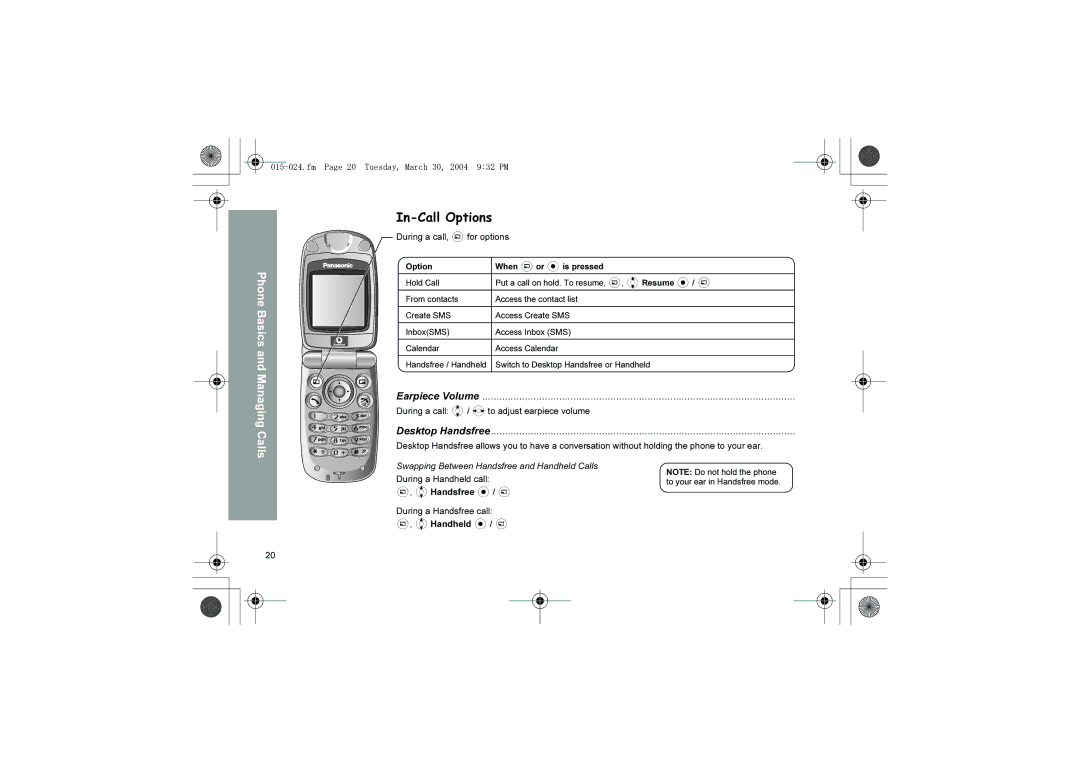 Panasonic X60 manual In-Call Options, Earpiece Volume, Desktop Handsfree 