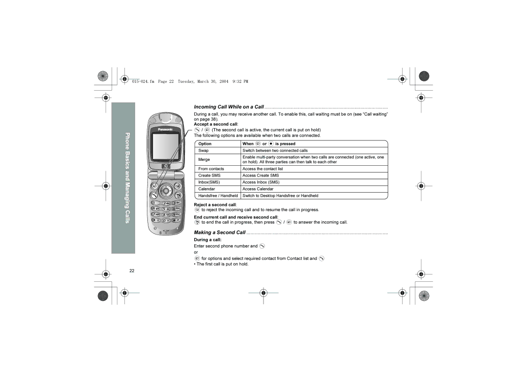 Panasonic X60 manual Incoming Call While on a Call, Making a Second Call, Fm Page 22 Tuesday, March 30, 2004 932 PM 