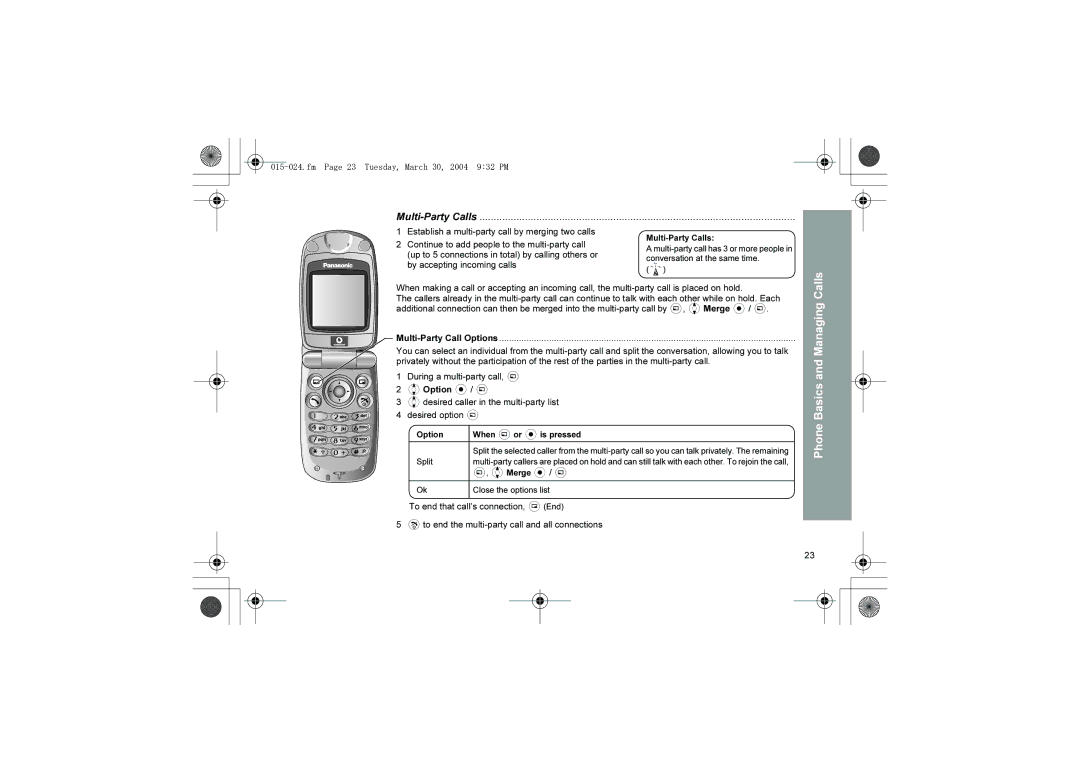 Panasonic X60 Multi-Party Calls, Fm Page 23 Tuesday, March 30, 2004 932 PM, Split, 4Merge / a, Close the options list 