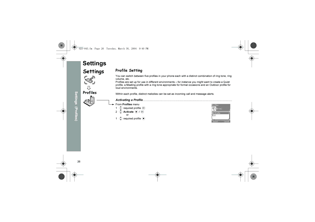 Panasonic X60 manual Settings, Profile Setting, Activating a Profile 