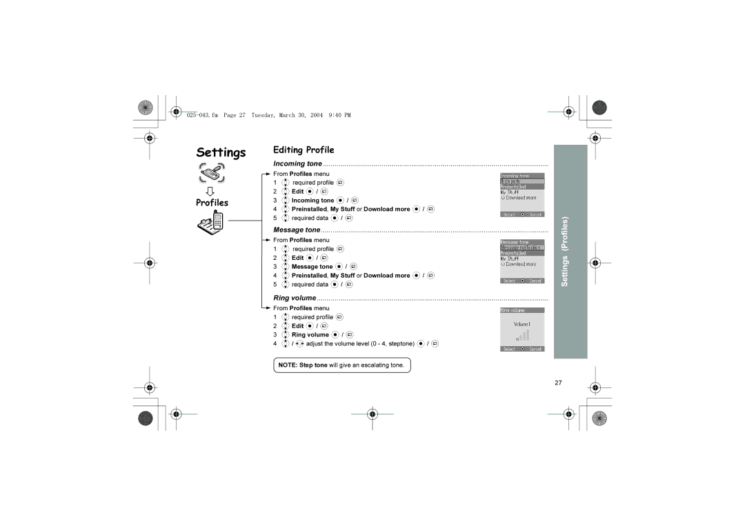 Panasonic X60 manual Profiles Editing Profile, Incoming tone, Message tone, Ring volume 