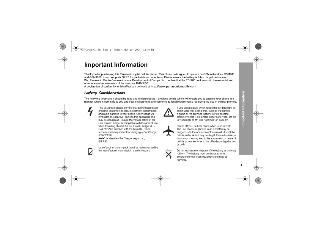 Panasonic X60 manual Important Information 