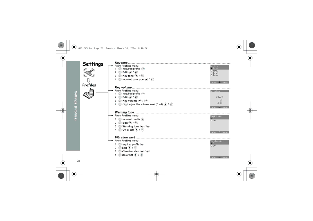 Panasonic X60 manual Profiles, Key tone, Key volume, Vibration alert, Fm Page 28 Tuesday, March 30, 2004 940 PM 