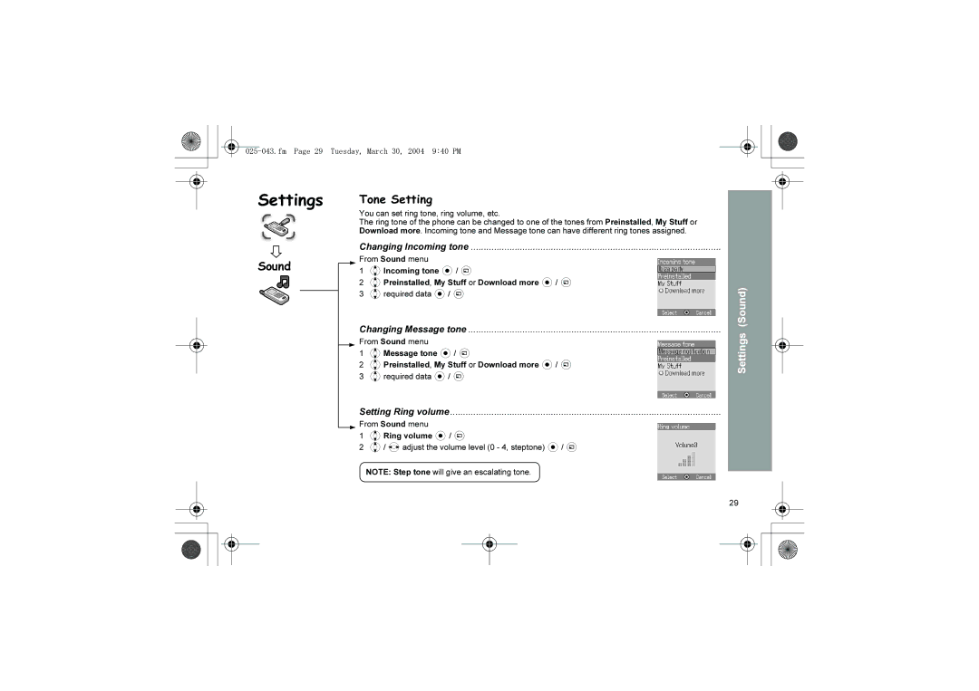 Panasonic X60 manual Sound Tone Setting, Changing Incoming tone, Changing Message tone, Setting Ring volume 