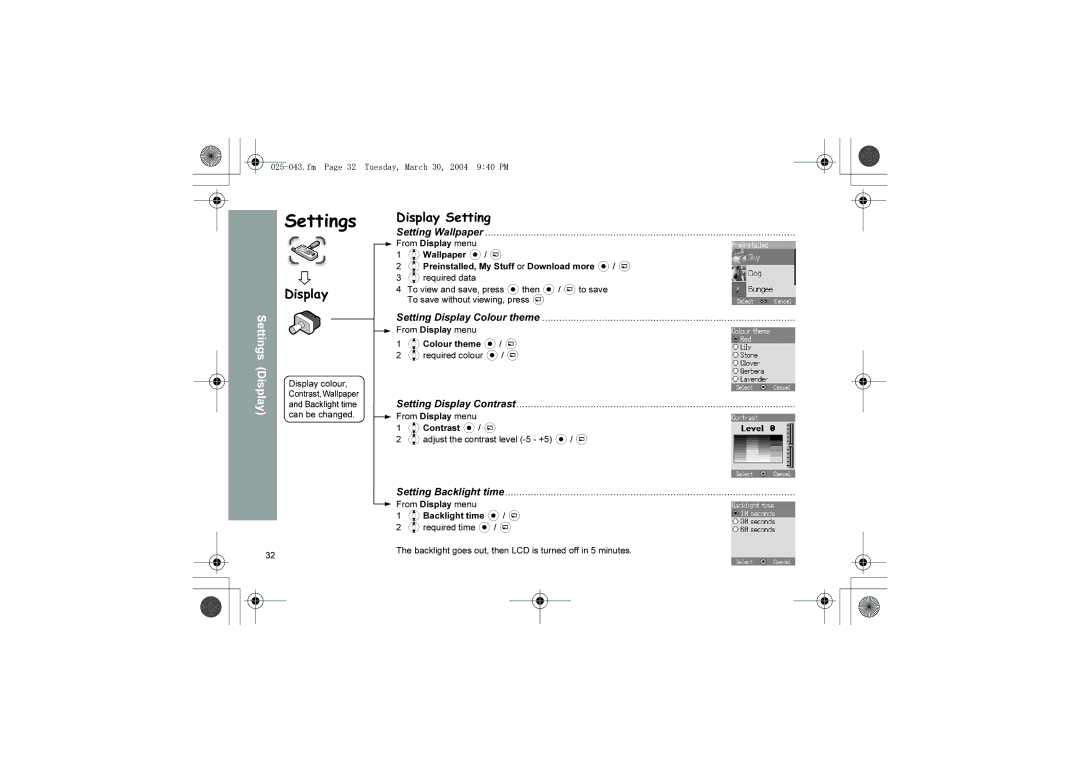 Panasonic X60 manual Display Setting, Setting Wallpaper, Setting Display Colour theme, Setting Display Contrast 